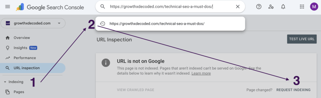 How to manually request indexing in Google Search Console using URL Inspection tool: select property, paste the page URL, and click ‘Request Indexing’
