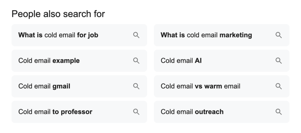 Screenshot of Google’s People also search for section keyword ideas research hack