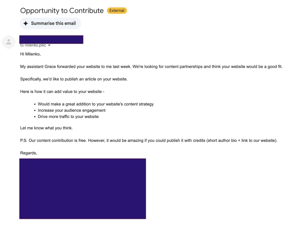 Spammy guest post outreach email offering free article contribution for backlinks