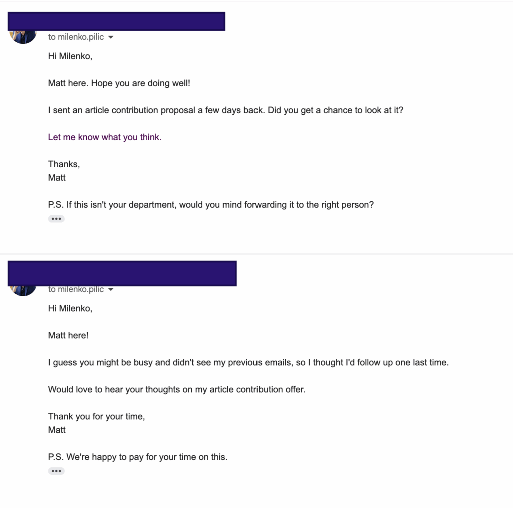 Follow-up spam emails pushing for backlink placement