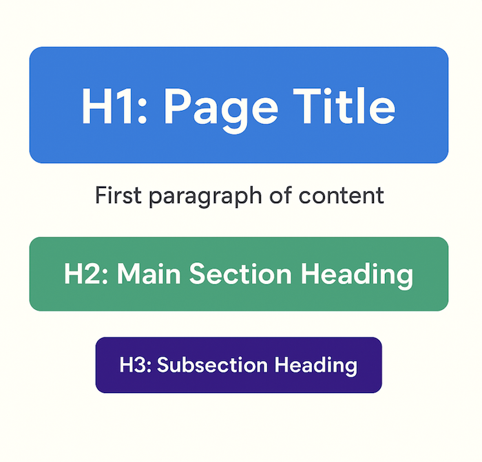Heading structure example showing H1 title, first paragraph, H2 main section, and H3 subsection
