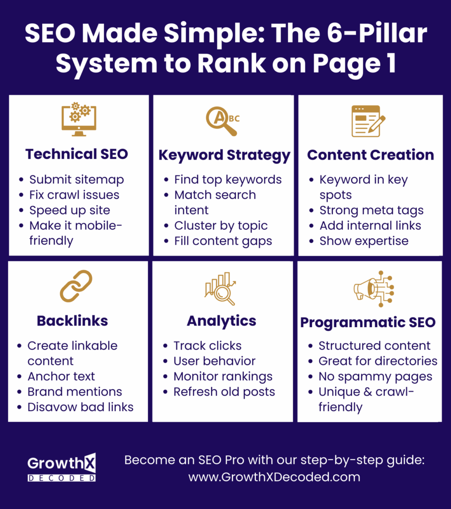 SEO infographic: 6-pillar system for ranking on Google, including technical SEO, keyword strategy, content, backlinks, analytics, and programmatic SEO