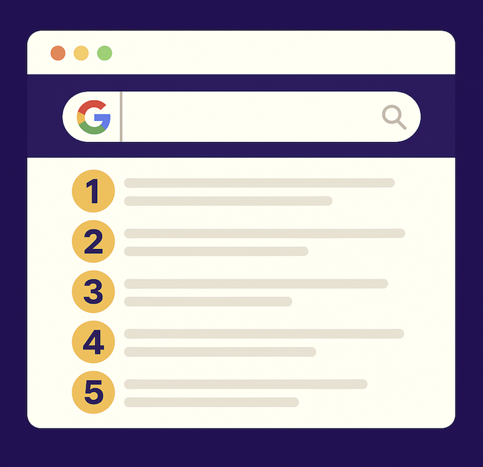 Google search result with top 5 rankings highlighted in a modern browser window.